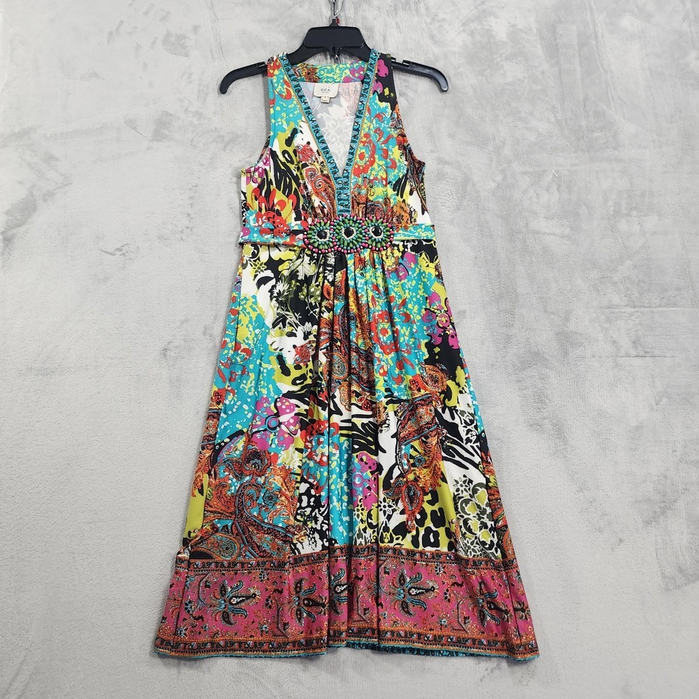 Vintage ECI New York Dress Womens 8 Multicolor Paisley Beaded Tie Back Midi Boho
